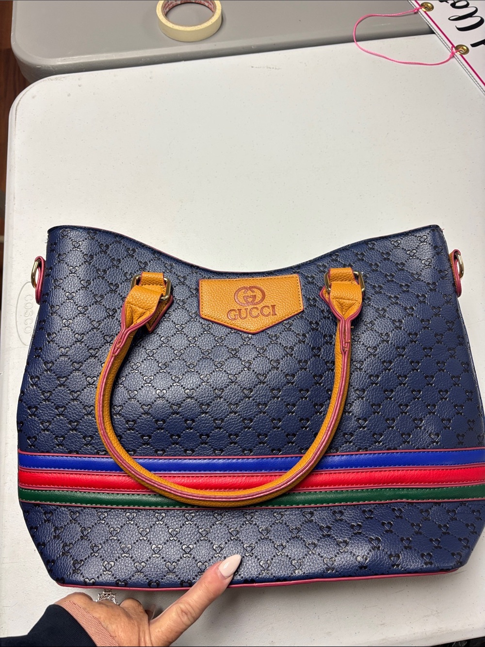 Gucci Navy Tote with Multicolor Stripe and Tan Accents